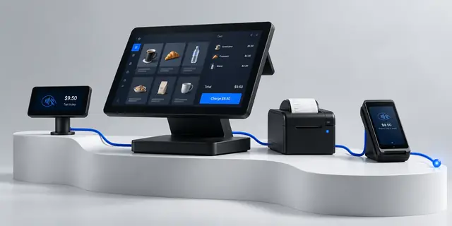 Complete integrated POS hardware kit with terminal, customer display, printer and payment device
