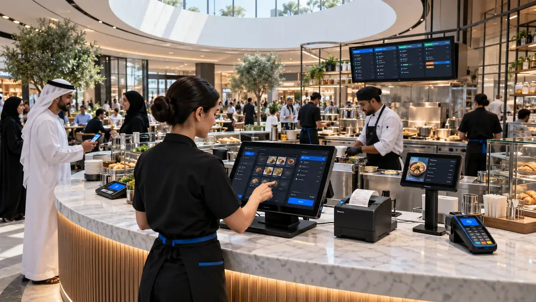 Complete CompuCash POS ecosystem operating inside a busy modern UAE food and retail hall