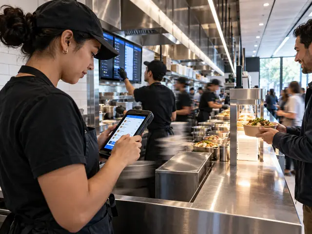 Restaurant team using a handheld POS and kitchen display during a busy service