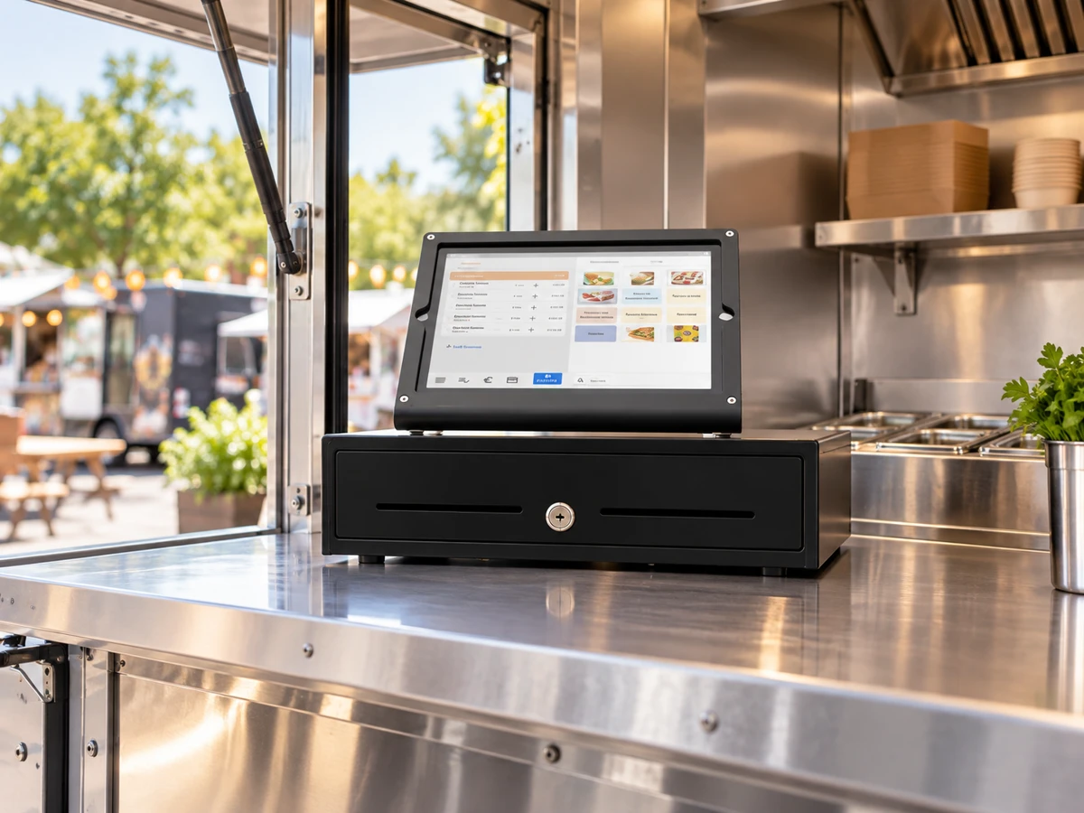 Illustrative iPad POS kit arrangement at a food truck service window