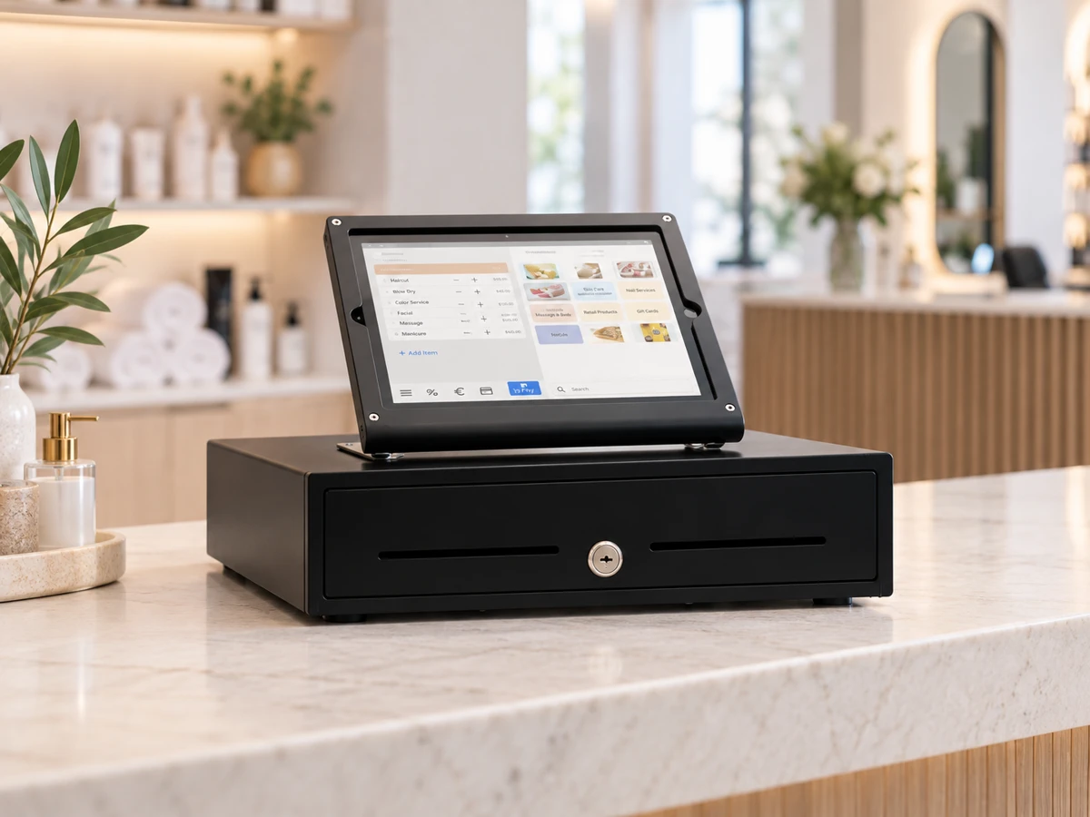 Illustrative iPad POS kit arrangement at a salon reception desk