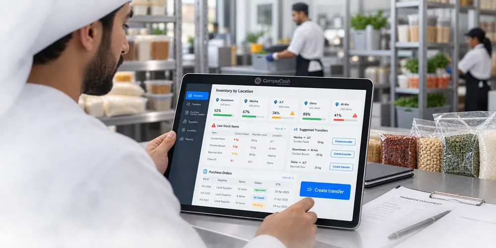 CompuCash inventory dashboard coordinating stock transfers and purchasing across restaurant branches