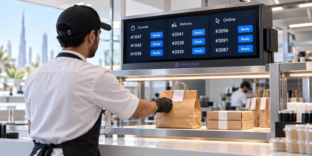Quick service order handoff station showing ready counter, delivery and online orders