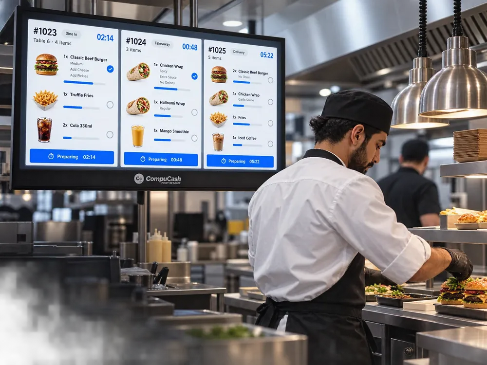 Kitchen display coordinating live quick service orders and preparation times