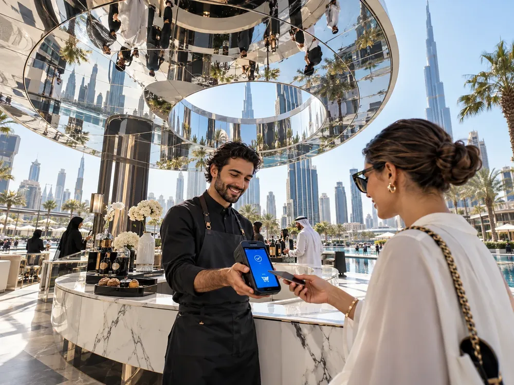 Dubai operator taking a mobile payment beneath a mirrored architectural canopy