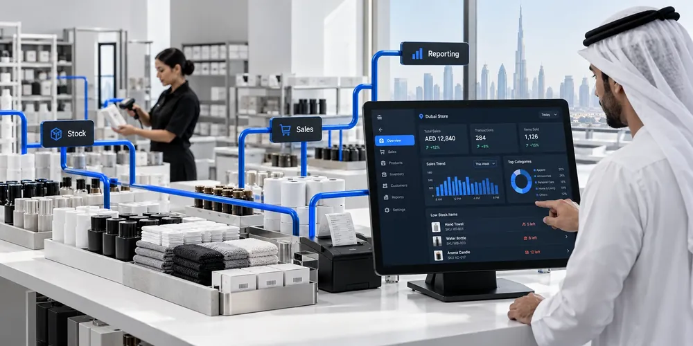 CompuCash dashboard connecting sales, stock and reporting through a sculptural Dubai operation