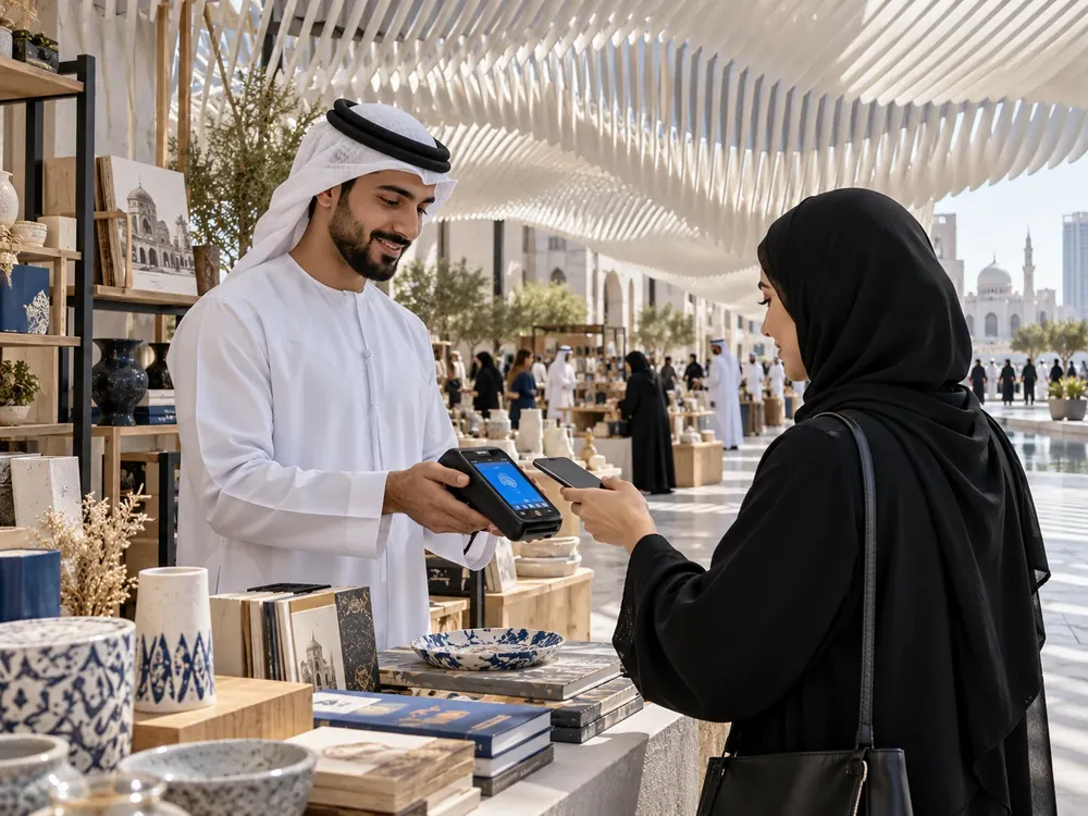 Sharjah artisan market operator accepting a mobile payment beneath a kinetic canopy