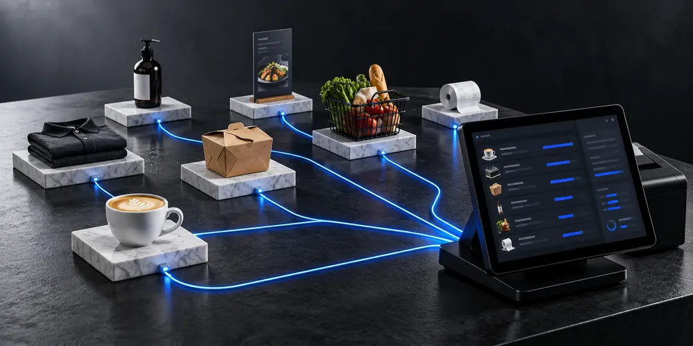 Conceptual CompuCash network connecting different UAE business types to one POS dashboard