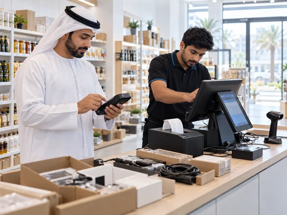 CompuCash specialist configuring a new POS system with a UAE business owner