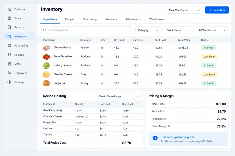 Illustrative CompuCash inventory, recipe costing and margin management interface