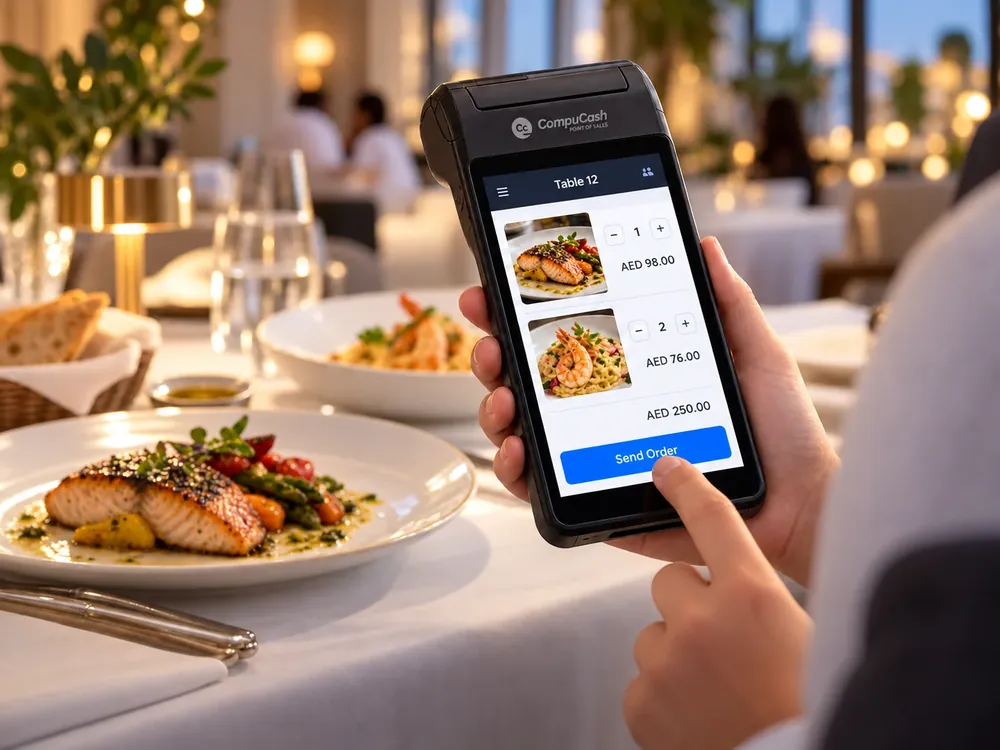 Server taking a tableside order with CompuCash handheld POS