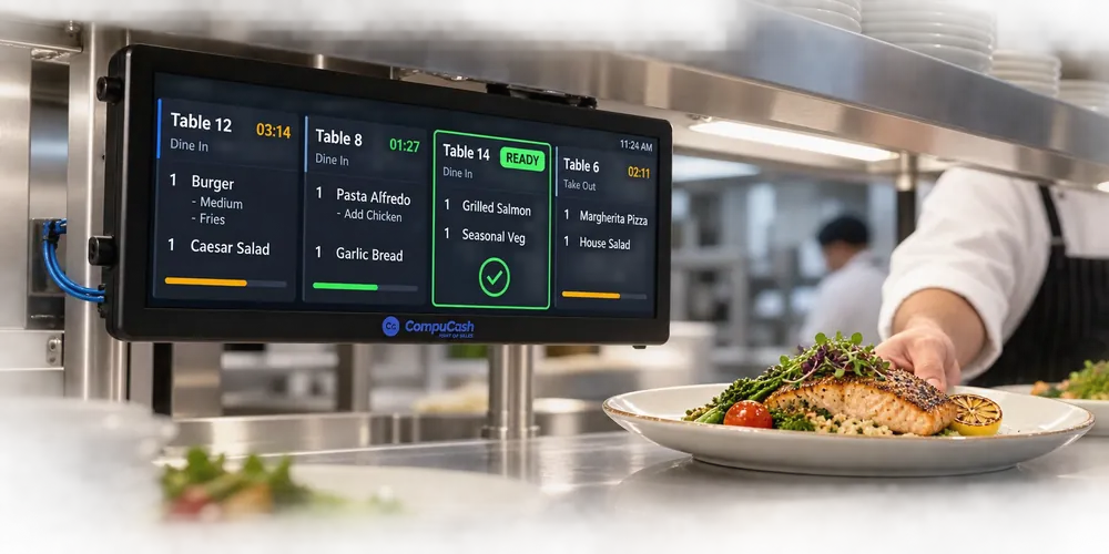 Kitchen display showing live CompuCash restaurant orders