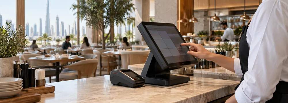 Illustrative image of a server using a touchscreen POS in a modern restaurant