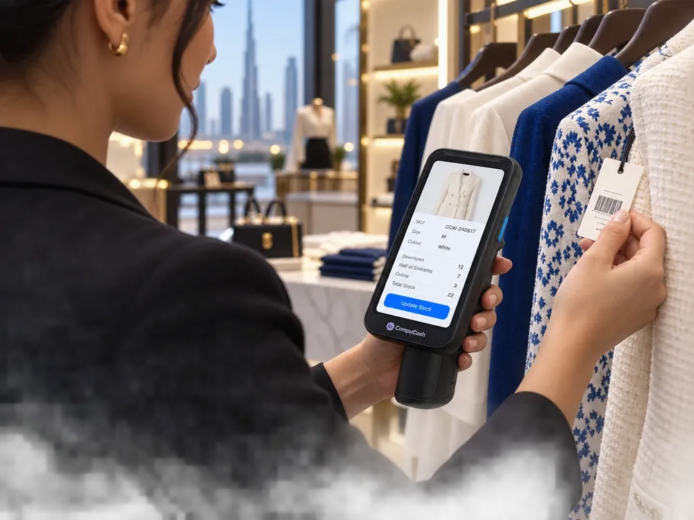 Retail associate checking garment stock with a CompuCash handheld device