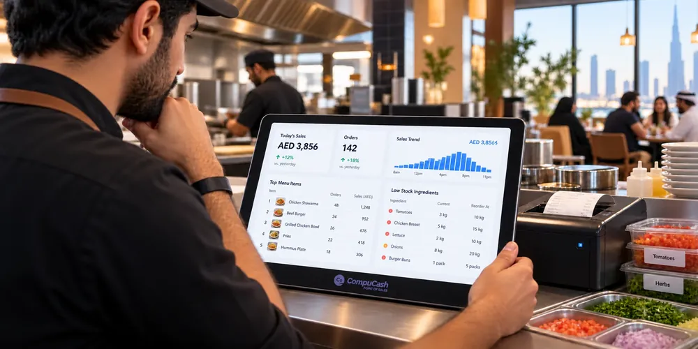 Small restaurant owner reviewing daily sales and stock in CompuCash