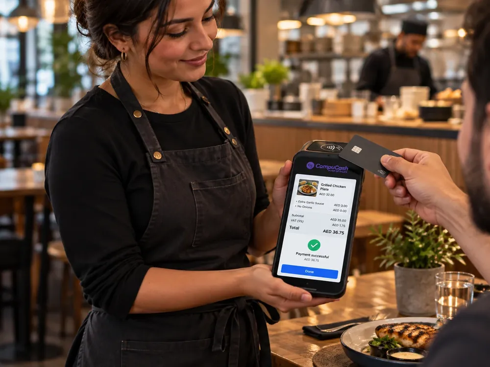 Server completing a tableside payment with a CompuCash handheld POS