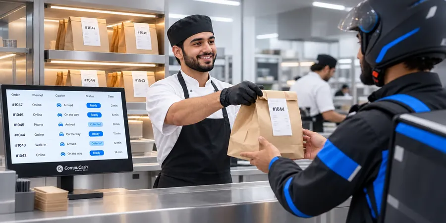 Cloud kitchen team handing a completed order to a delivery courier