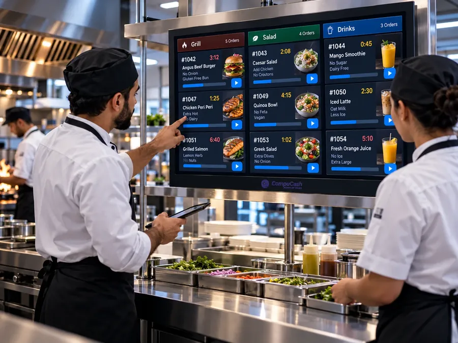 Kitchen team coordinating multiple production stations on a CompuCash KDS