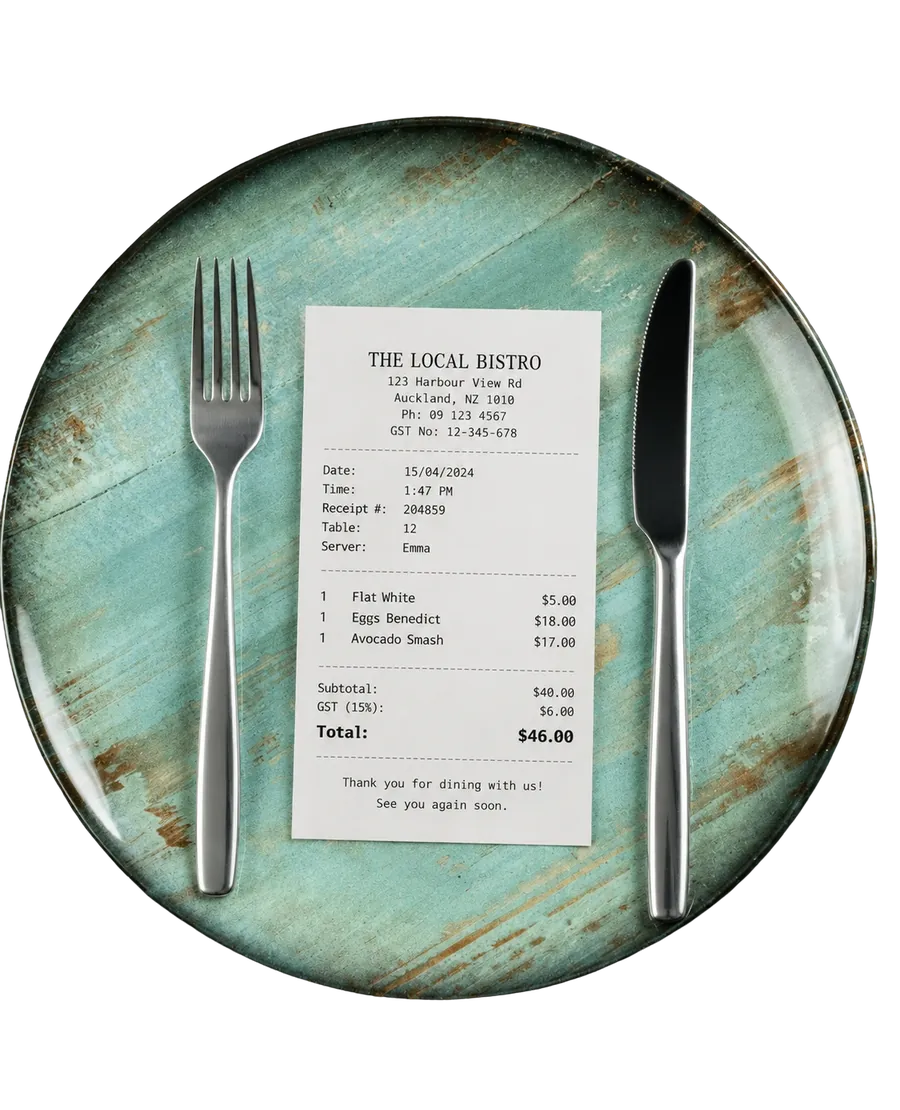 White plate with silver fork and knife on black background