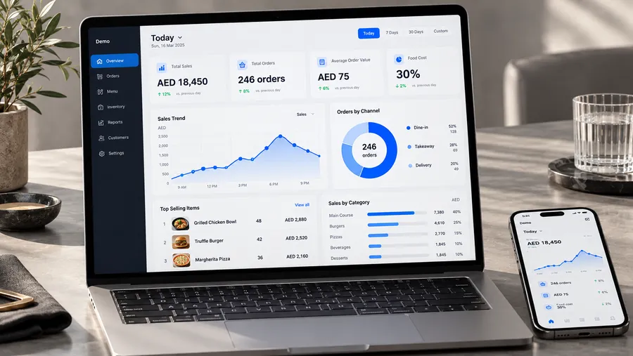 Modern analytics product visualization with illustrative interface and demo data.