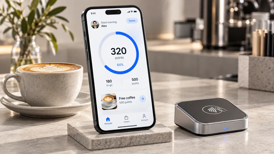 Modern loyalty product visualization with illustrative interface and demo data.