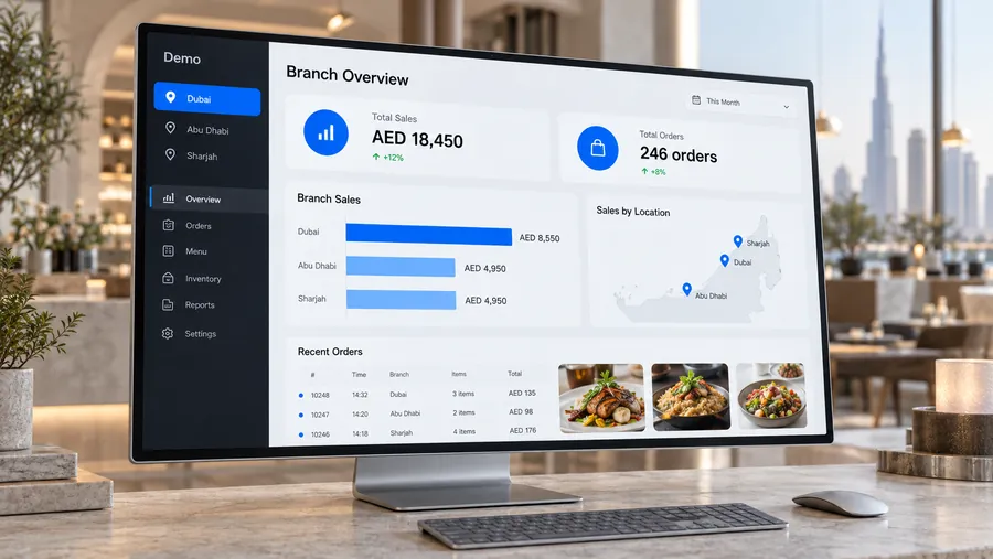 Modern multi-branch product visualization with illustrative interface and demo data.