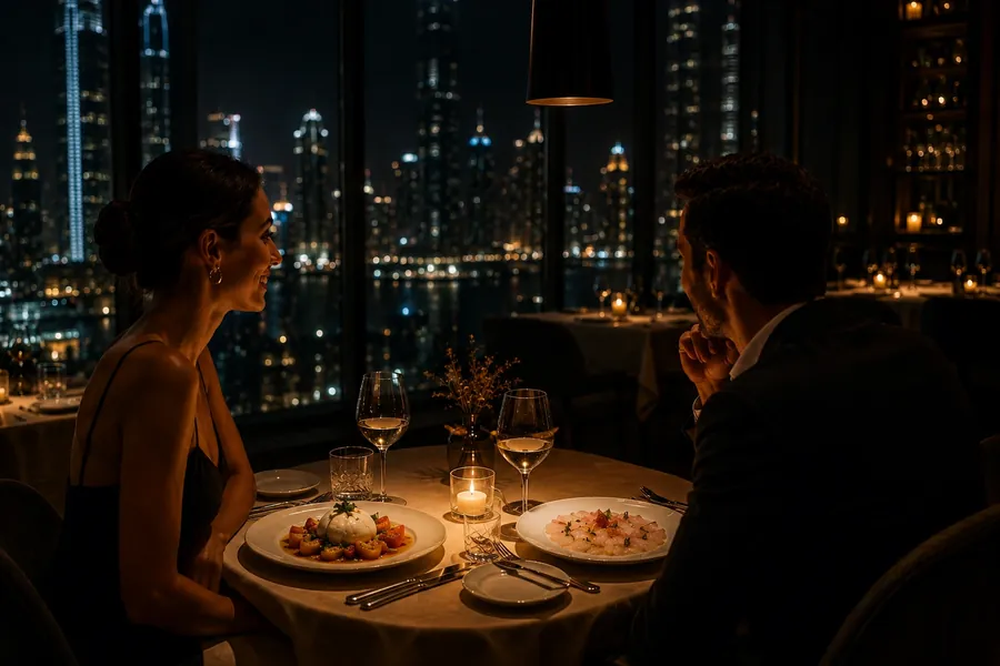 Guest completing a discreet tableside payment in a Dubai fine dining restaurant