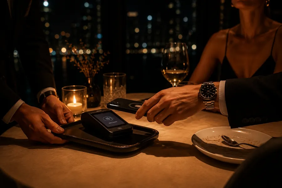 Server welcoming a guest at a fine dining table in Dubai