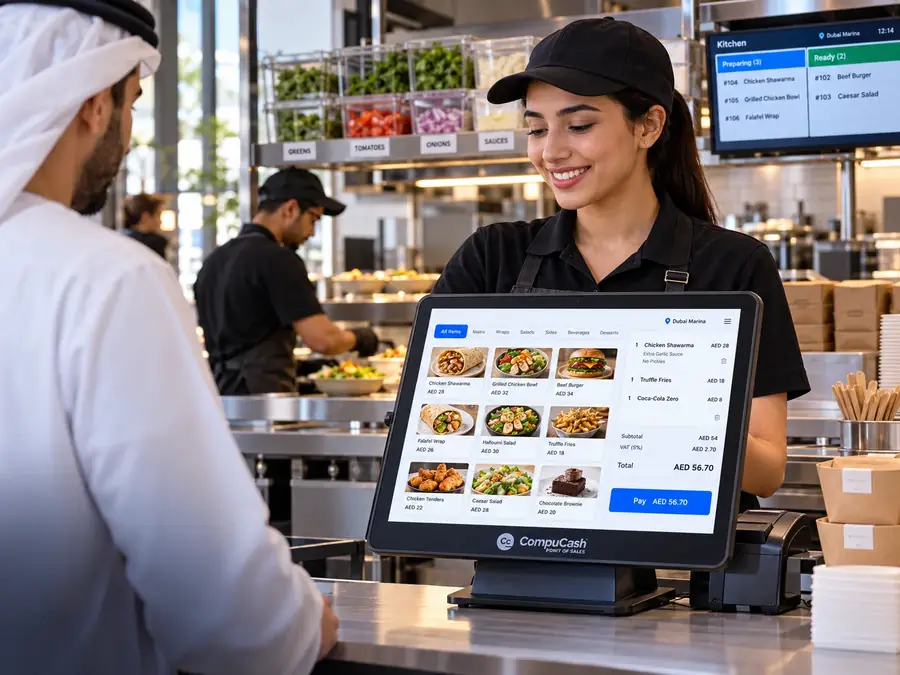 Restaurant branch team serving a customer with a standardized CompuCash POS
