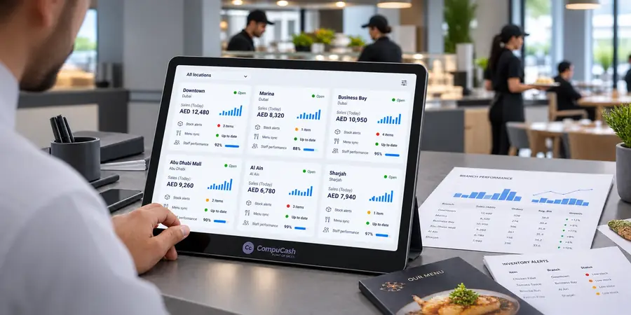 CompuCash dashboard comparing sales, stock and performance across franchise branches