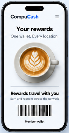 Illustrative CompuCash loyalty wallet showing rewards that can be earned and redeemed across the network