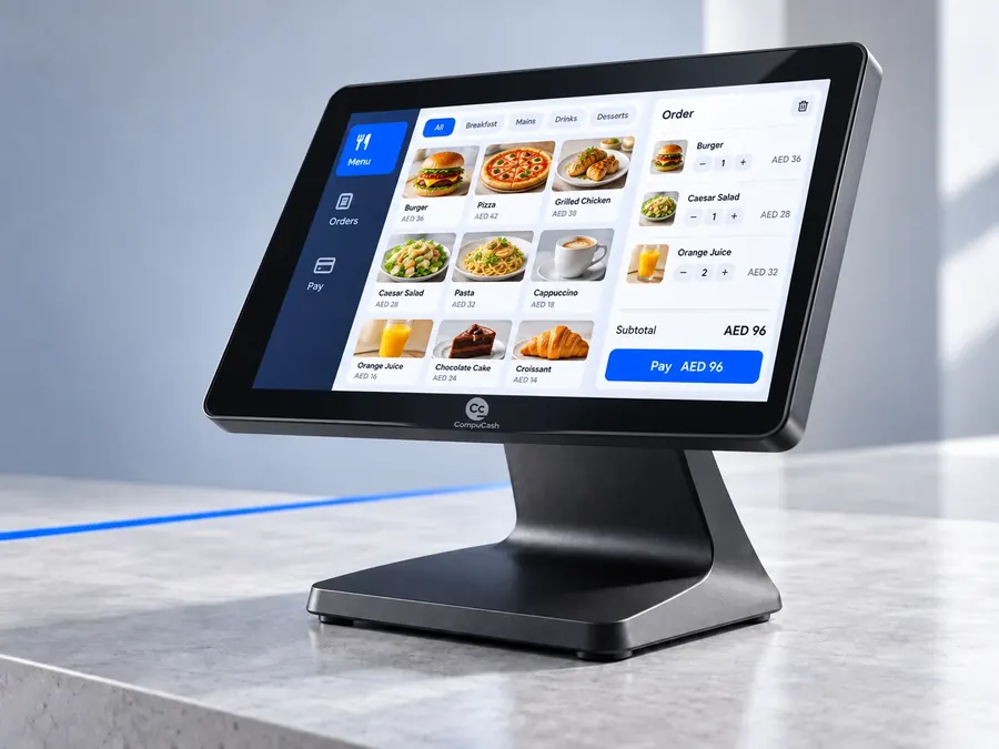 CompuCash countertop POS terminal with restaurant ordering interface
