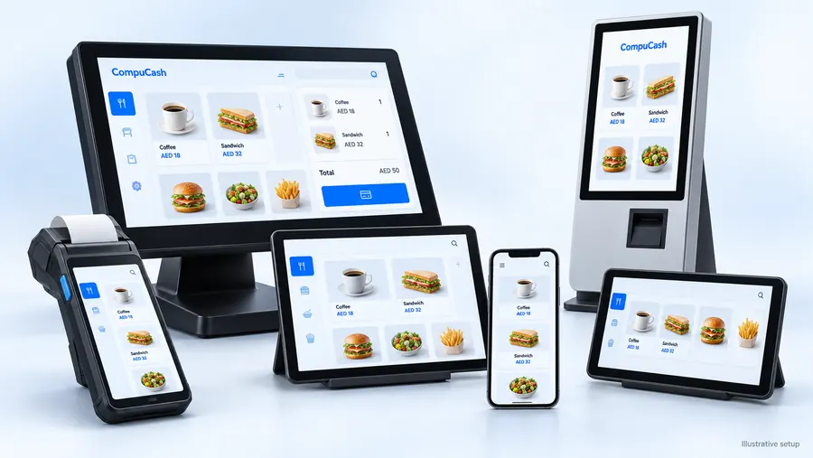 Illustrative CompuCash device lineup: countertop POS, tablets, smartphone, commercial handheld and self-service kiosk.