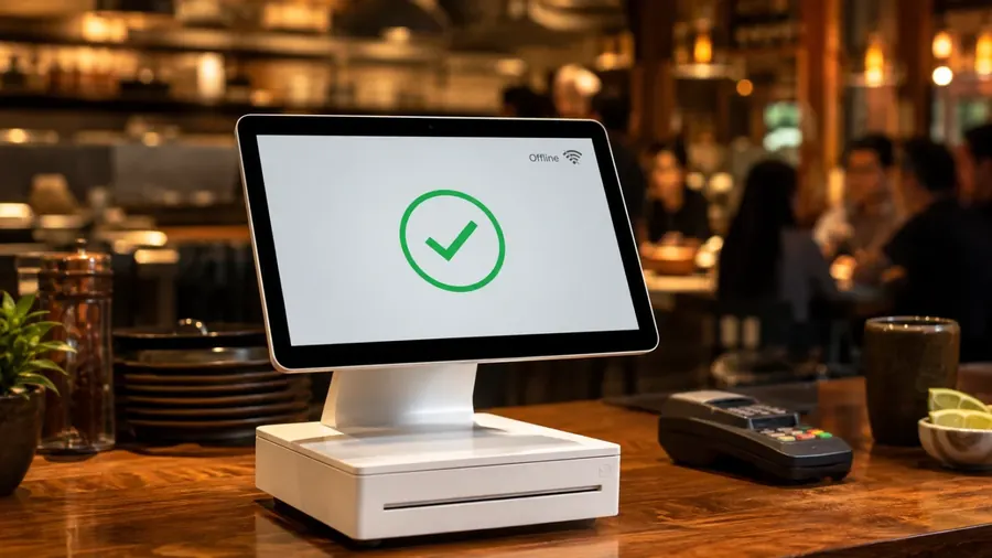 POS terminal showing an offline-mode confirmation on a restaurant counter