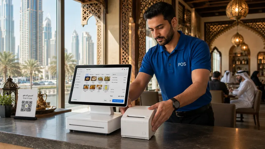 CompuCash technician installing POS hardware at a UAE restaurant counter