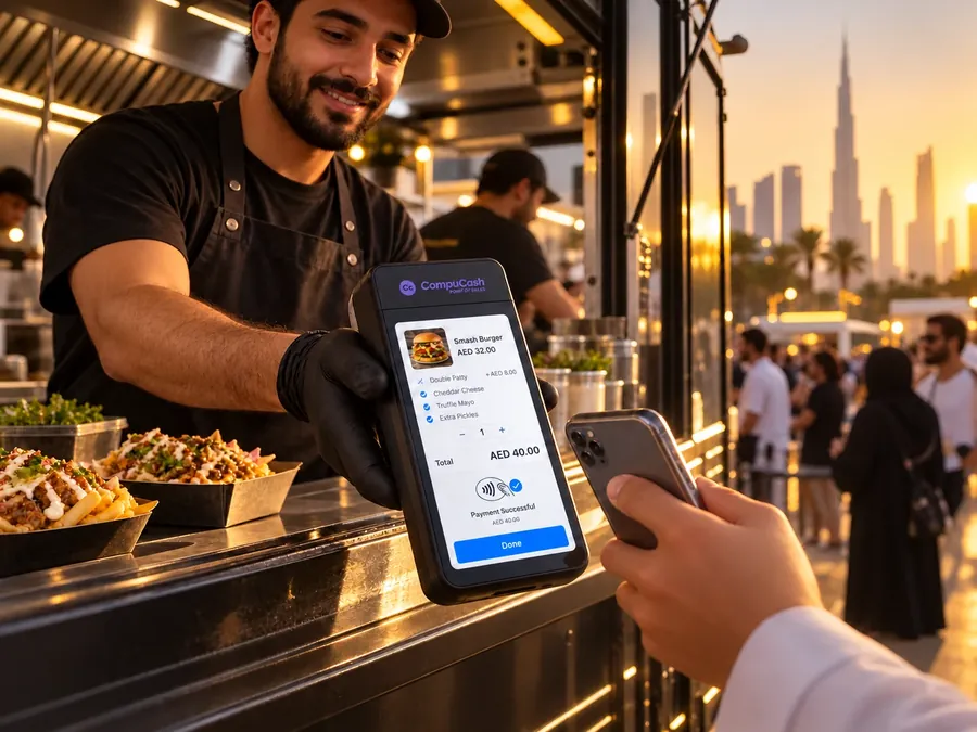 Food truck team member completing a mobile payment at the service window