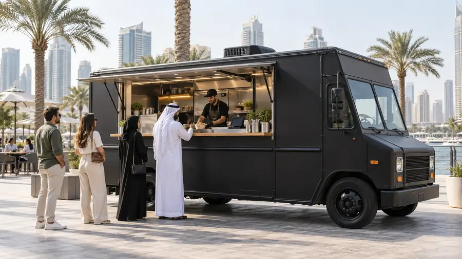 A black food truck serving customers in Dubai