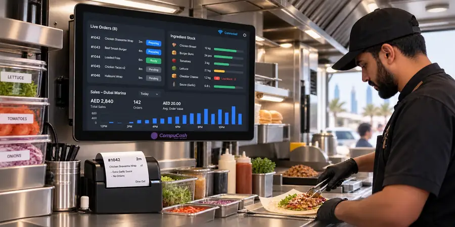 Connected CompuCash operations dashboard inside a working Dubai food truck
